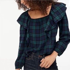 J. Crew Blackwatch Trendy Green Blue Flannel ruffled plaid squareneck ruffle top